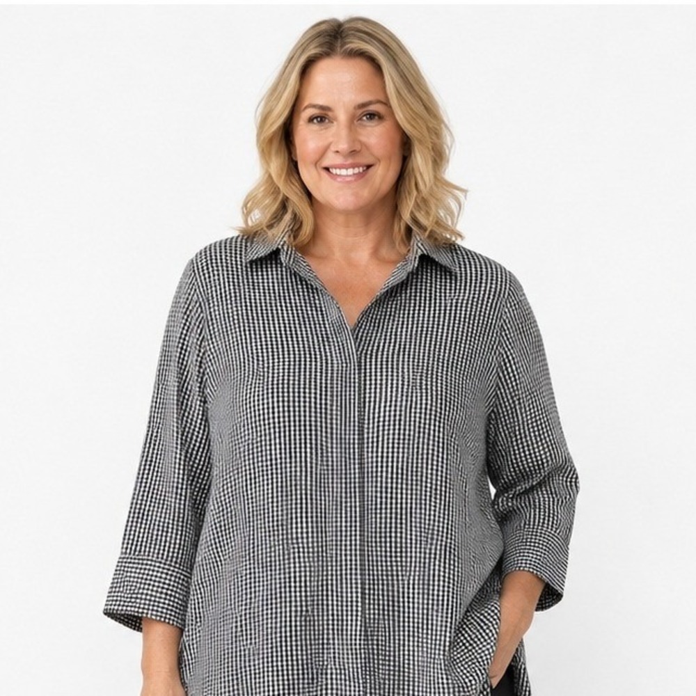 Boho Chic Women's Gingham Tunic Shirt XL Black White Cottagecore Lagenlook